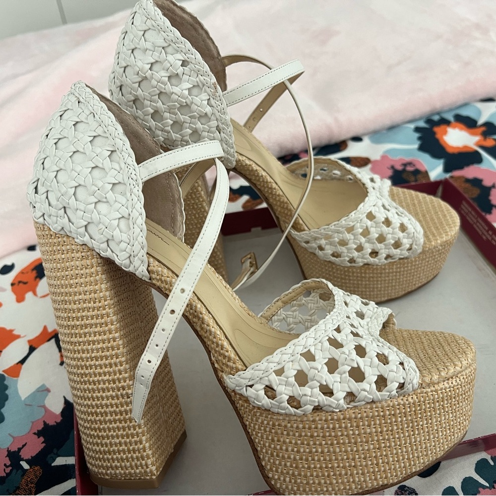 Chic White Tan Heels with Ankle Strap